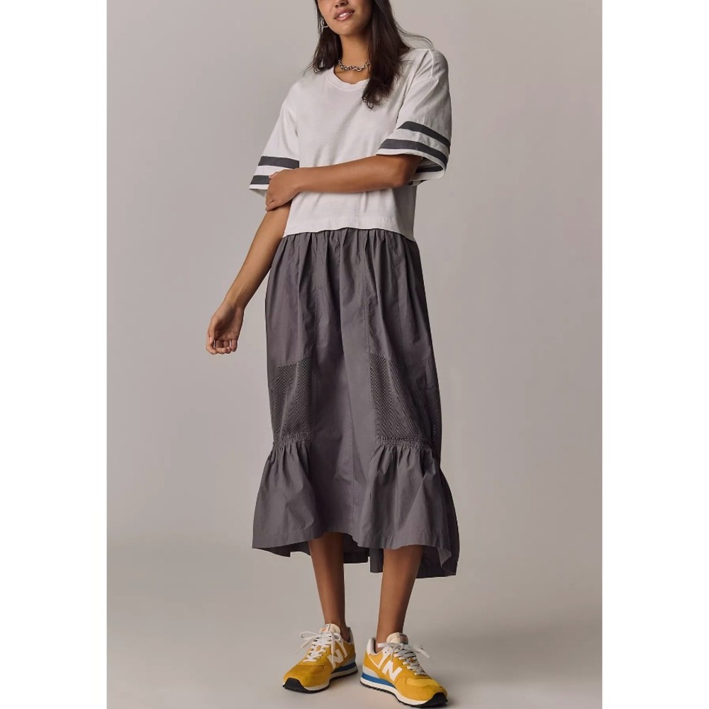 Anthropologie Daily Practice Drop Speed Twofer Midi Dress, Gray White, M (New)